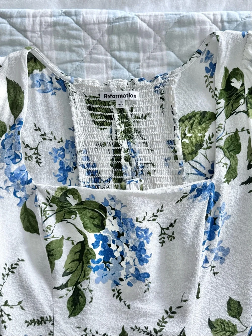 Reformation Constance Floral Print Puff Sleeve Top White Blue Green Size 0